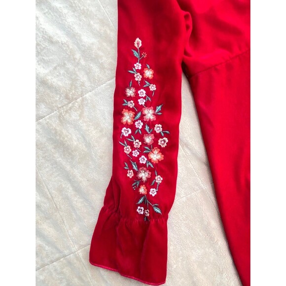 Girls Red Velvet Embroidered Dress Bell Sleeve Size 7/8 Easter Christmas Holiday - Picture 8 of 12